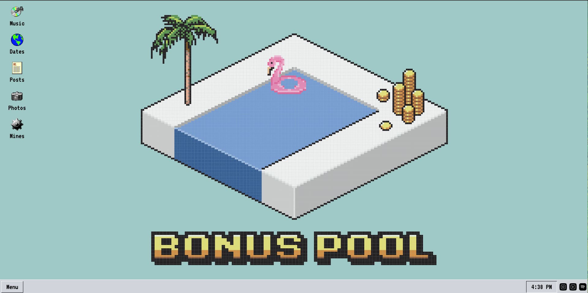 Bonus Pool pixel-art desktop with Music, Dates, Posts, Photos and Mines launchers, taskbar and social icons