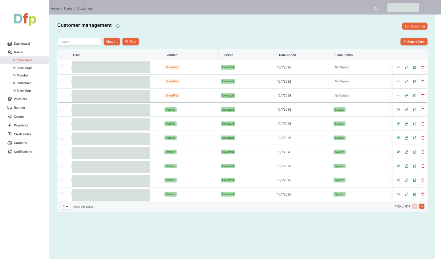 DFP customer table with verification, lock and Sage synchronization states and account controls