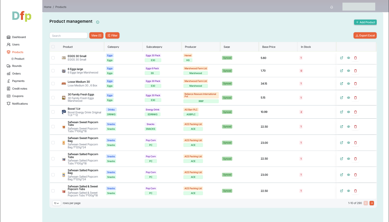 DFP inventory table with product categories, subcategories, producers, base prices, stock counts and Sage status