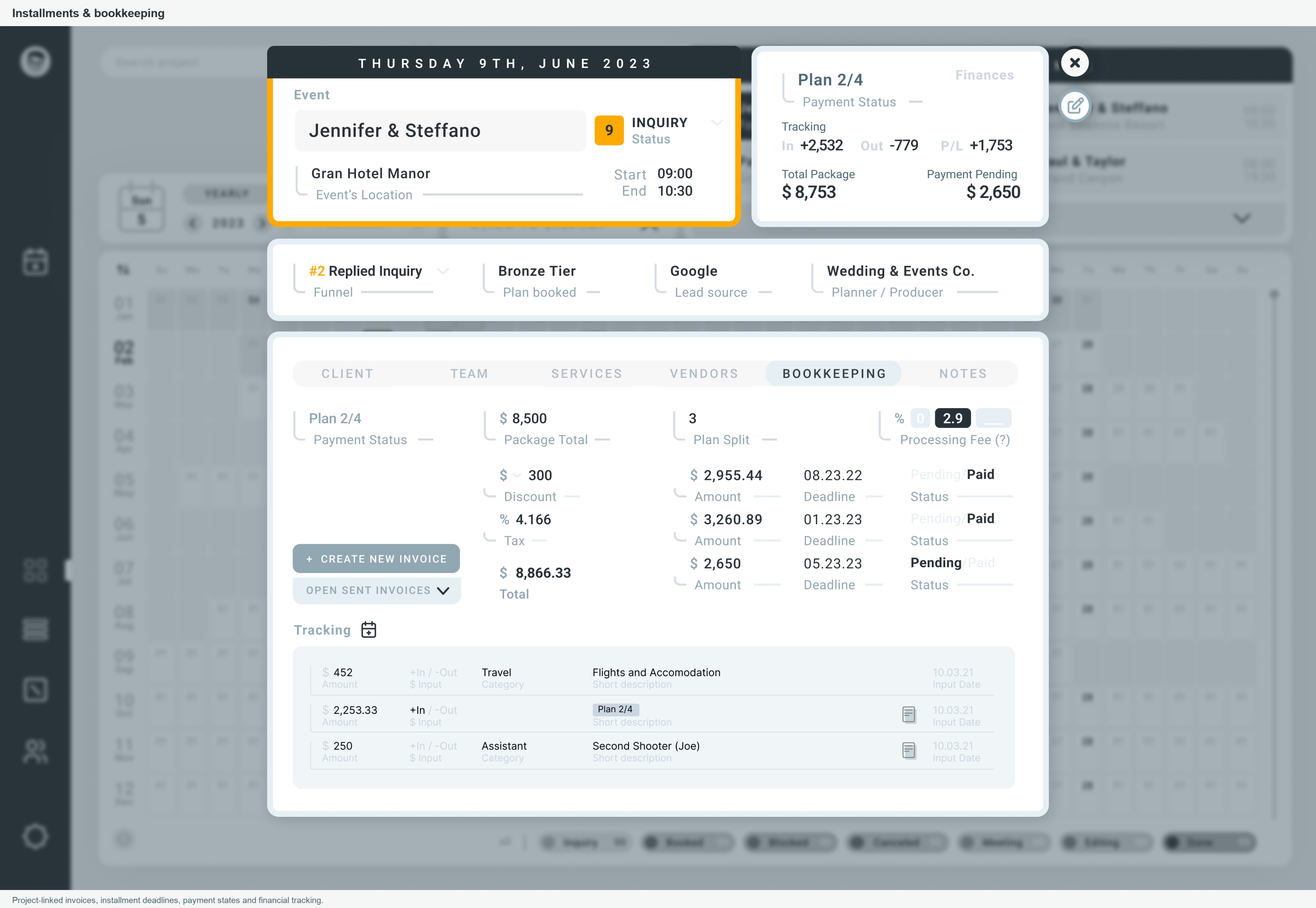 WhiteMarker bookkeeping interface with installment deadlines, invoice controls, and income and expense tracking