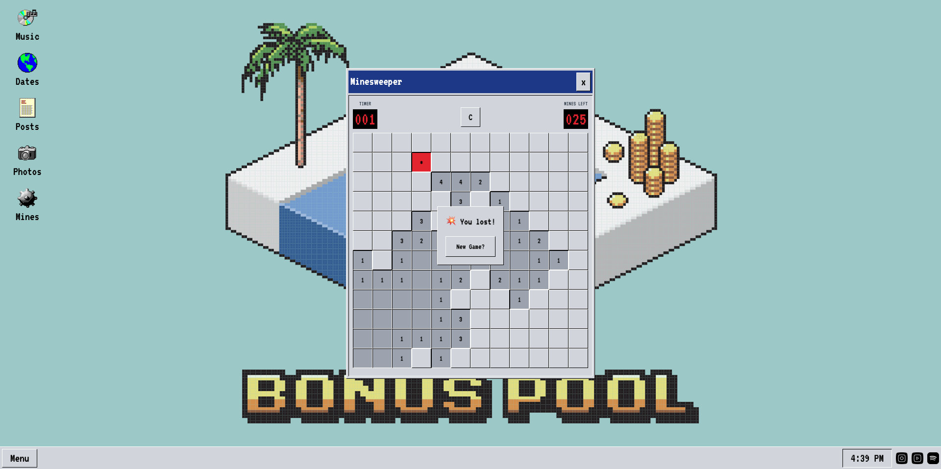 Played Bonus Pool Minesweeper board with revealed numbered cells, red mine, loss dialog, timer and New Game control