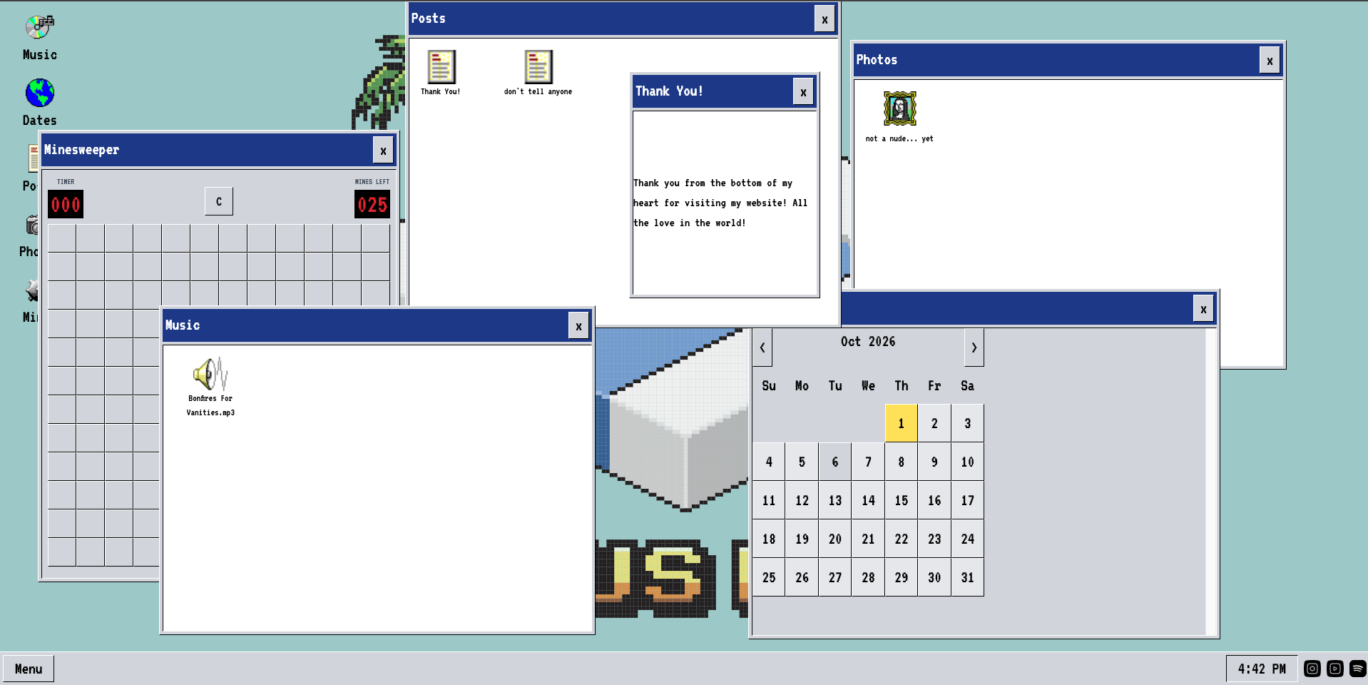 Bonus Pool retro desktop with music, posts, photos, calendar, and Minesweeper windows