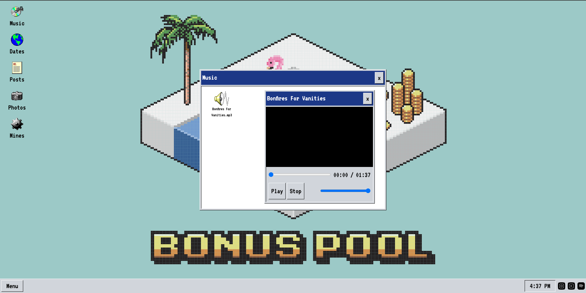 Music folder and Bonfires For Vanities player with timeline, duration, Play, Stop and volume controls