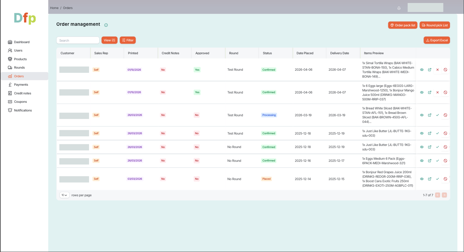 DFP order table with approval state, Self source, sales rounds, order status, placement and delivery dates, item previews and pack and pick list controls