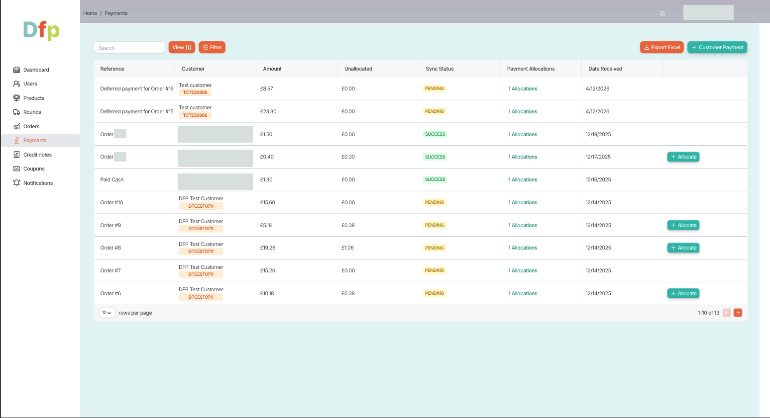 DFP payments table with cash references, amounts, unallocated balances, allocation controls, synchronization states and received dates