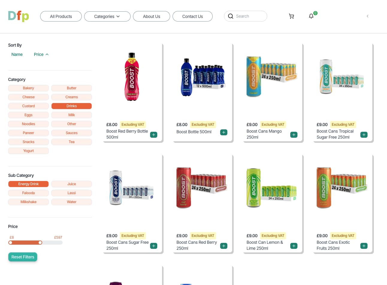 DFP wholesale catalog with category, subcategory and price filters, VAT labels and product add controls