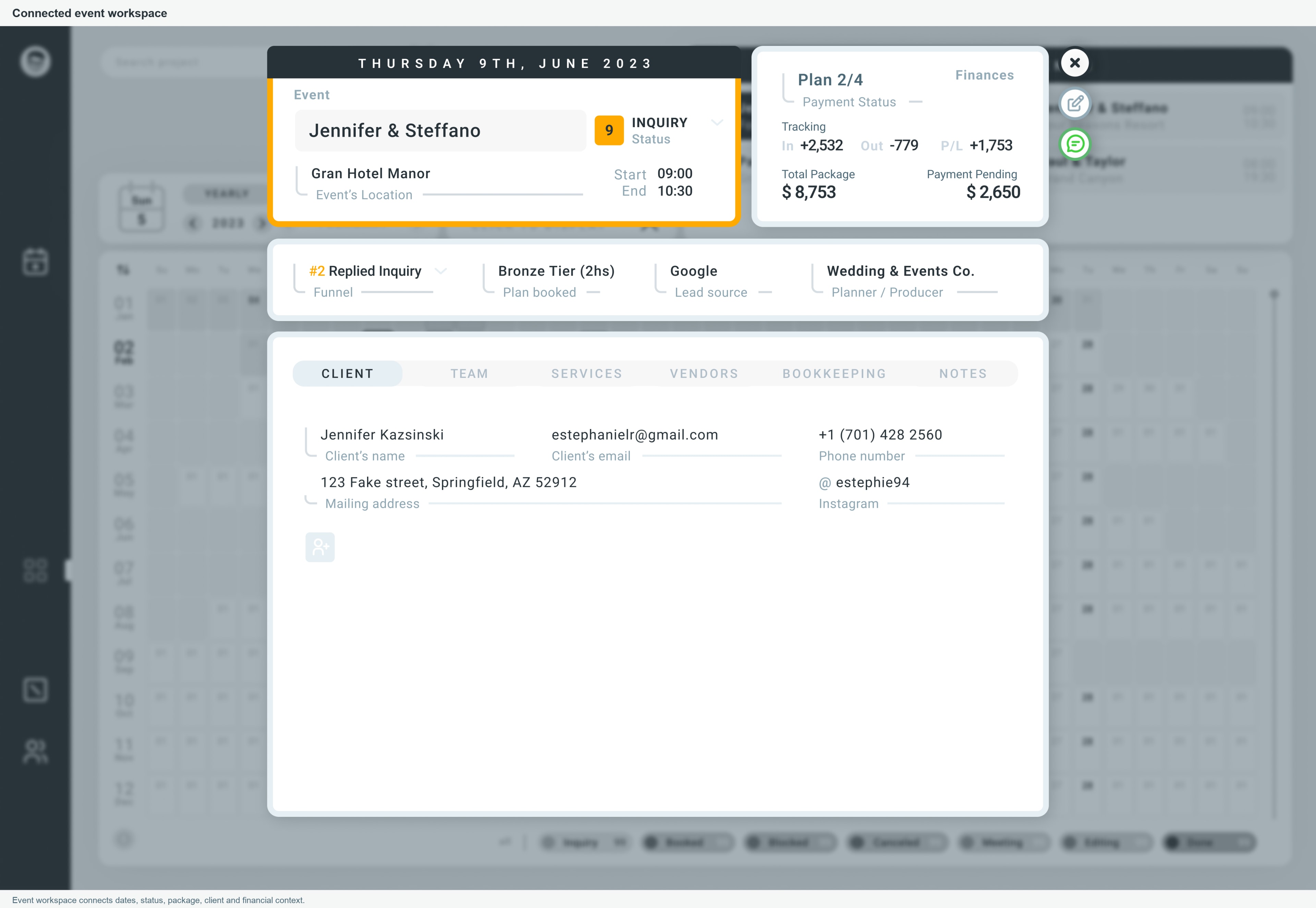 WhiteMarker event workspace with client details, project status, and a financial summary