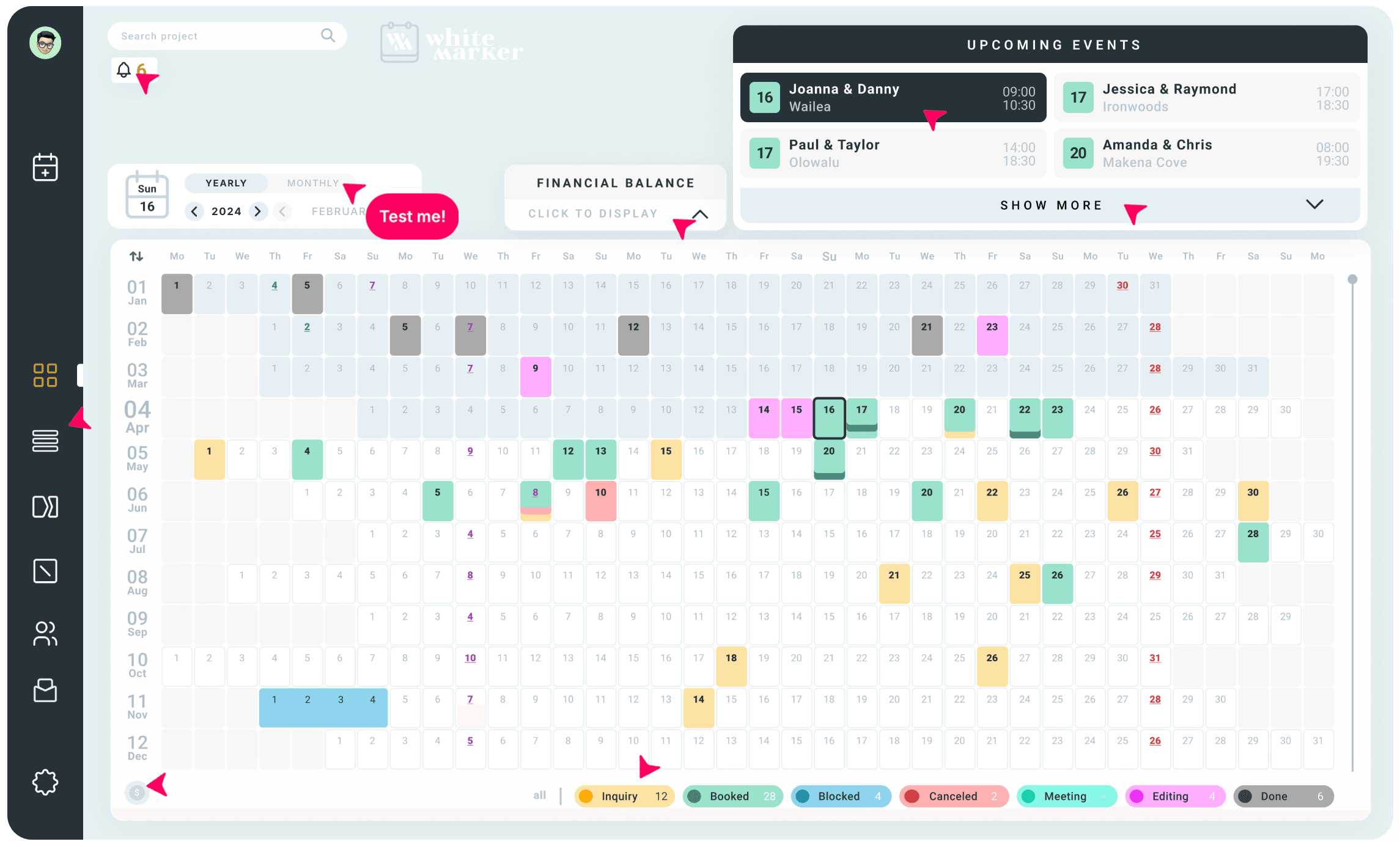 WhiteMarker agency operations interface with a yearly capacity calendar and upcoming events